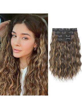 Reecho Clip-In Hair Extensions 14" Wavy Chocolate Brown Highlights Synthetic 4-P